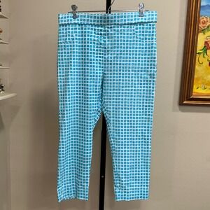 Lior Paris Pants Rosie Size 10 Blue White Grid Geometric Cropped Pull On Stretch